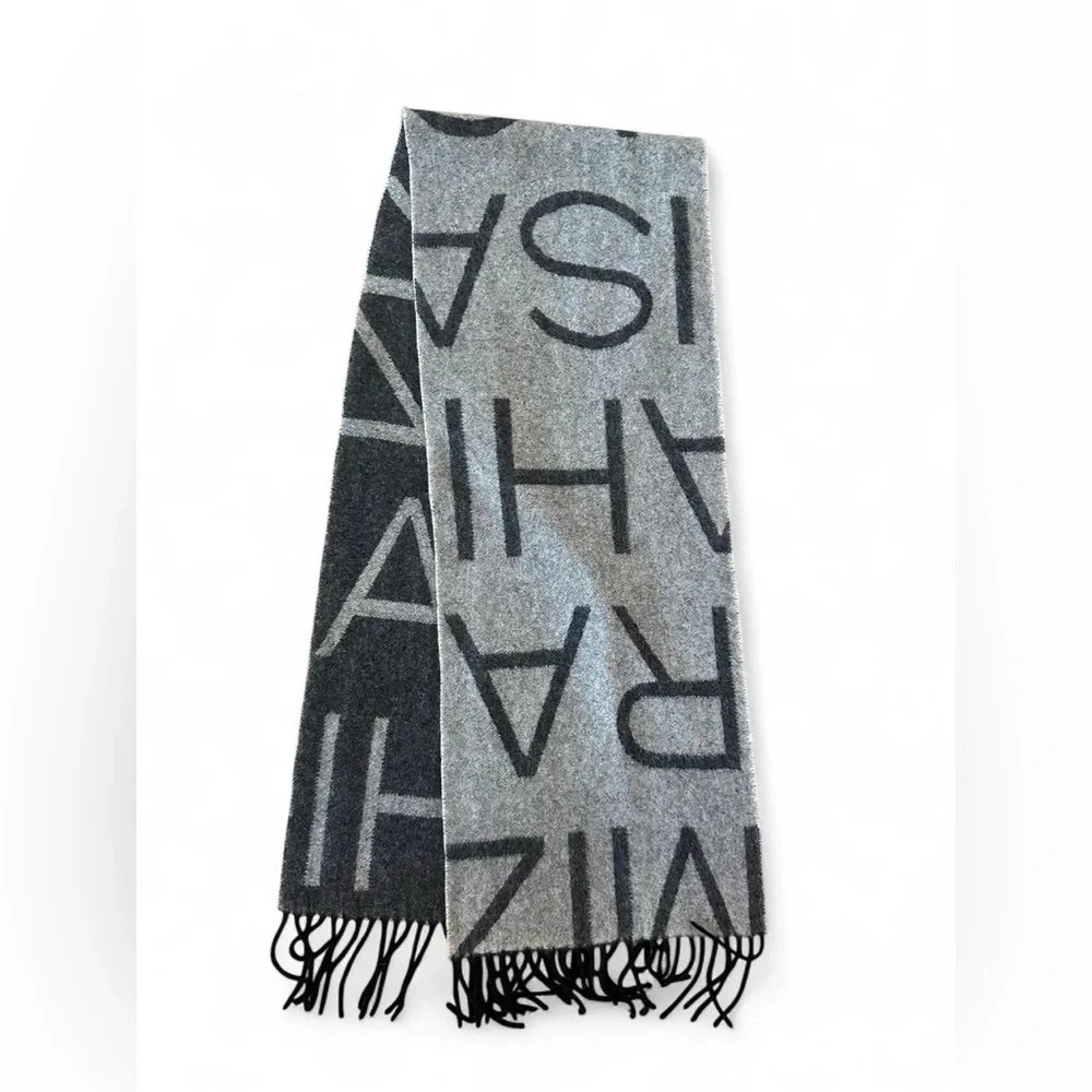 Isaac Mizrahi 100% Cashmere Logo Scarf Gray & Black Fringe Designer Winter Wrap